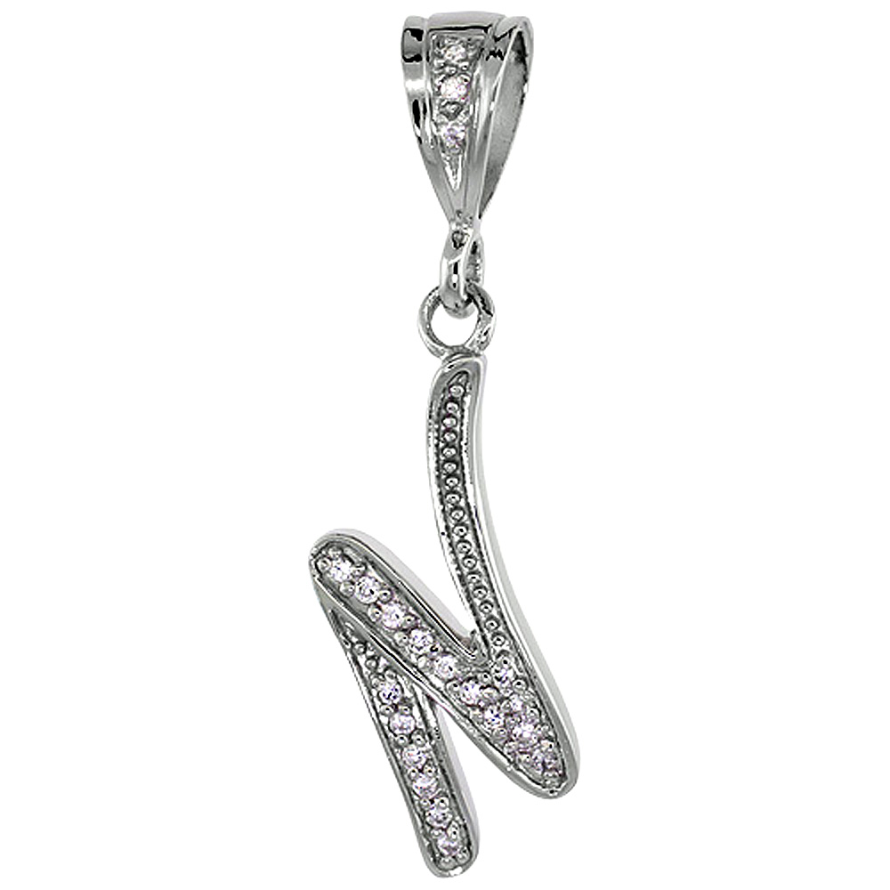 Sterling Silver Large Script Initial Letter N Pendant w/ Cubic Zirconia Stones, 1 1/2 inch high