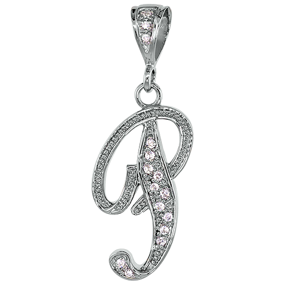 Sterling Silver Large Script Initial Letter P Pendant w/ Cubic Zirconia Stones, 1 1/2 inch high