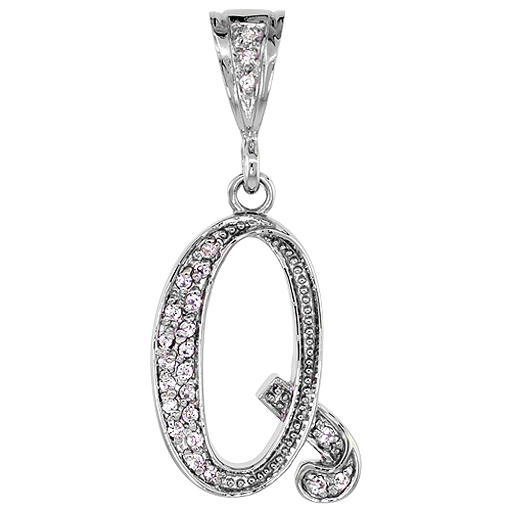 Sterling Silver Large Script Initial Letter Q Pendant w/ Cubic Zirconia Stones, 1 1/2 inch high