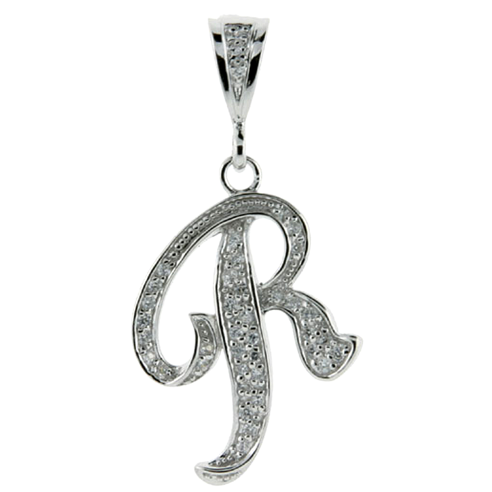 Sterling Silver Large Script Initial Letter R Pendant w/ Cubic Zirconia Stones, 1 1/2 inch high