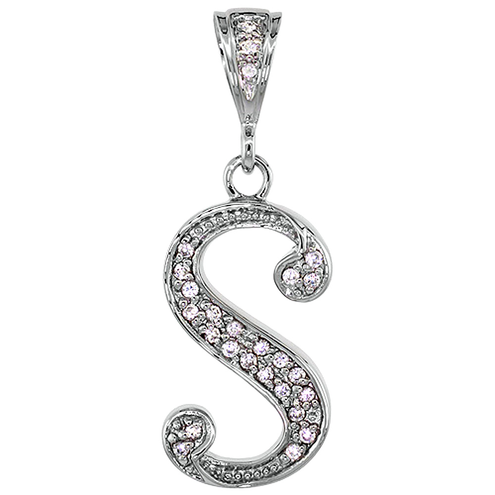 Sterling Silver Large Script Initial Letter S Pendant w/ Cubic Zirconia Stones, 1 1/2 inch high