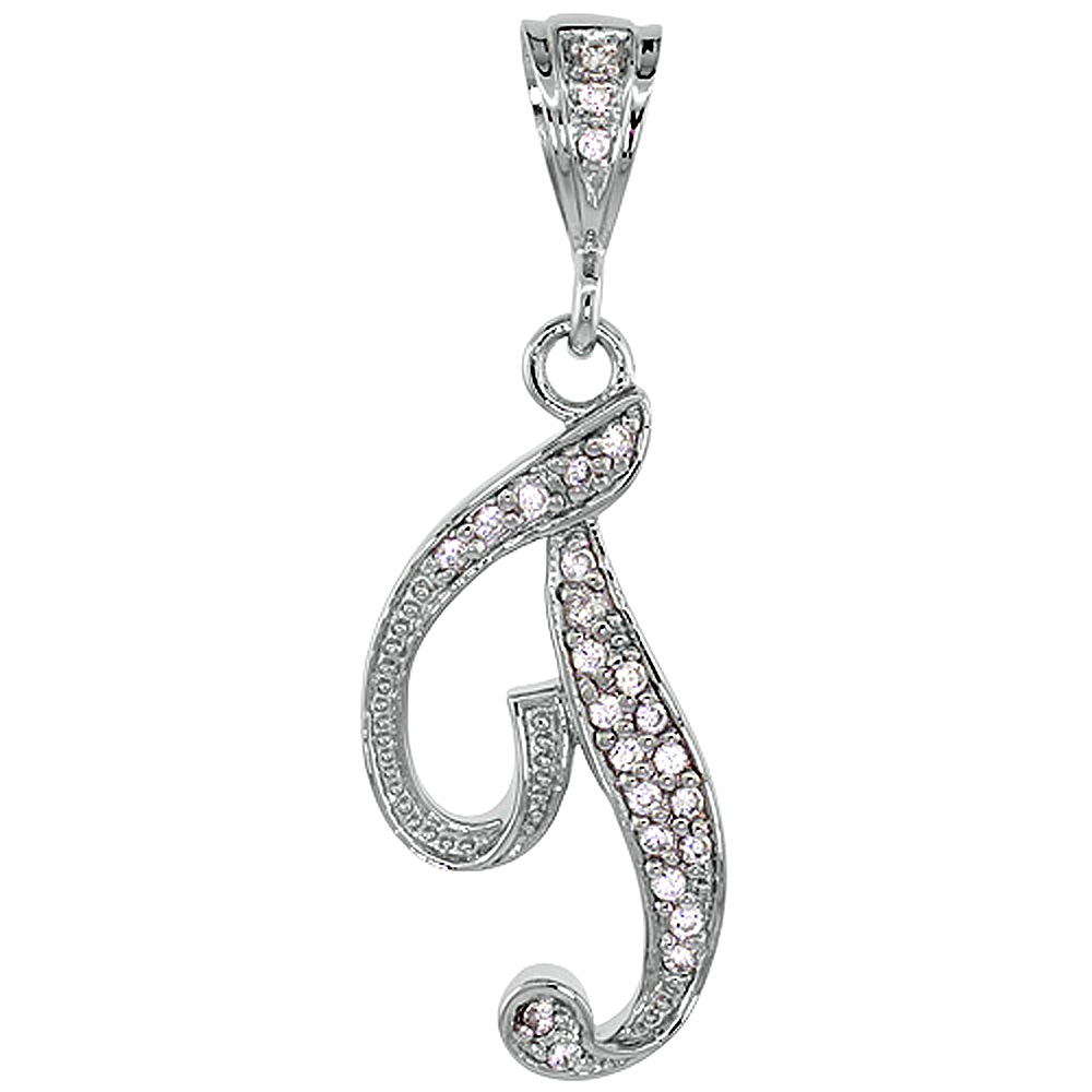 Sterling Silver Large Script Initial Letter T Pendant w/ Cubic Zirconia Stones, 1 1/2 inch high