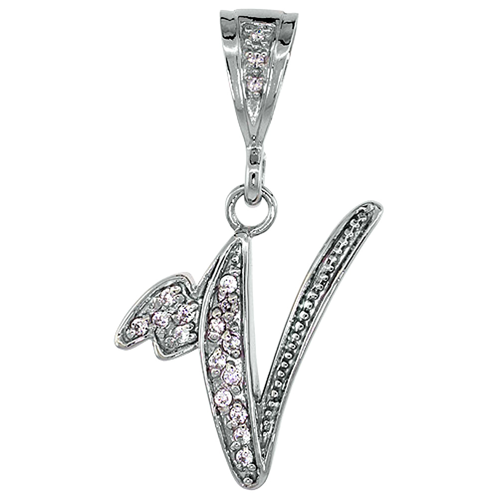 Sterling Silver Large Script Initial Letter V Pendant w/ Cubic Zirconia Stones, 1 1/2 inch high