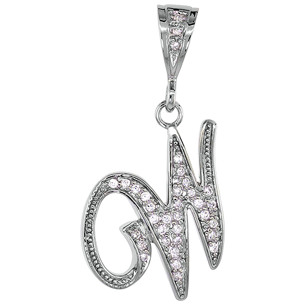 Sterling Silver Large Script Initial Letter W Pendant w/ Cubic Zirconia Stones, 1 1/2 inch high