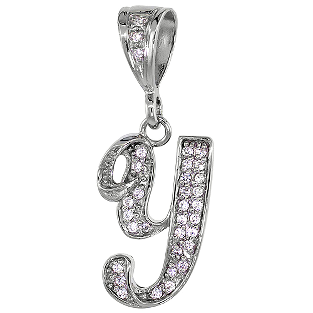 Sterling Silver Large Script Initial Letter Y Pendant w/ Cubic Zirconia Stones, 1 1/2 inch high
