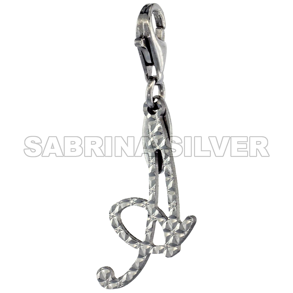 Sterling Silver Script Initial Charms Alphabet Pendants A thru Y Diamond Cut Lobster Claw Clasp, 3/4 inch
