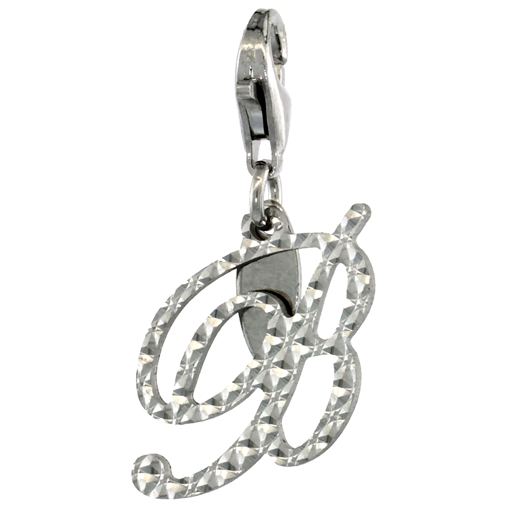Sterling Silver Alphabet Pendant Script Initial B Charm with Lobster Clasp Diamond Cut Women Italy 3/4 inch