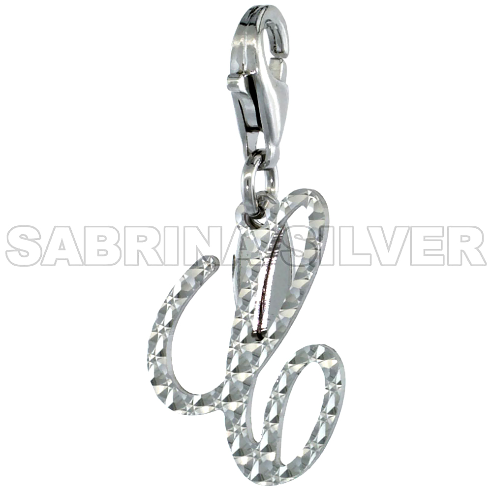 Sterling Silver Script Initial Charm C Alphabet Pendant Diamond Cut Lobster Claw Clasp, 3/4 inch
