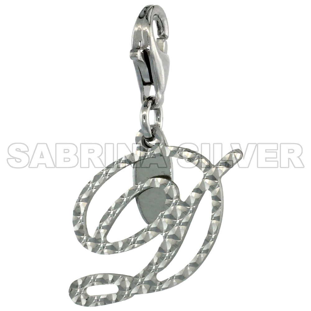 Sterling Silver Script Initial Charm D Alphabet Pendant Diamond Cut Lobster Claw Clasp, 3/4 inch