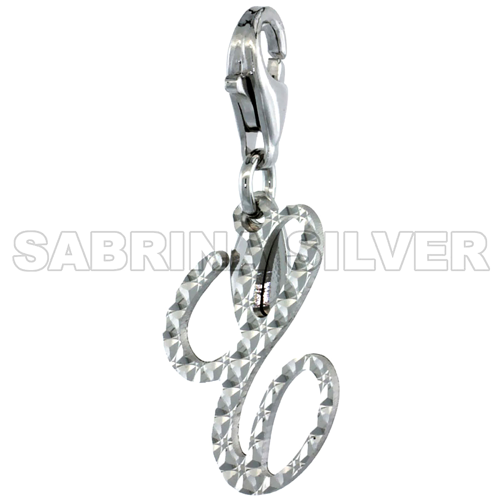 Sterling Silver Script Initial Charm E Alphabet Pendant Diamond Cut Lobster Claw Clasp, 3/4 inch