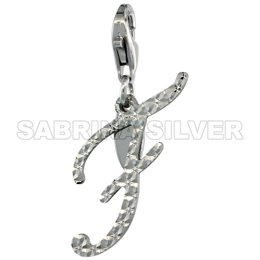 Sterling Silver Script Initial Charm F Alphabet Pendant Diamond Cut Lobster Claw Clasp, 3/4 inch