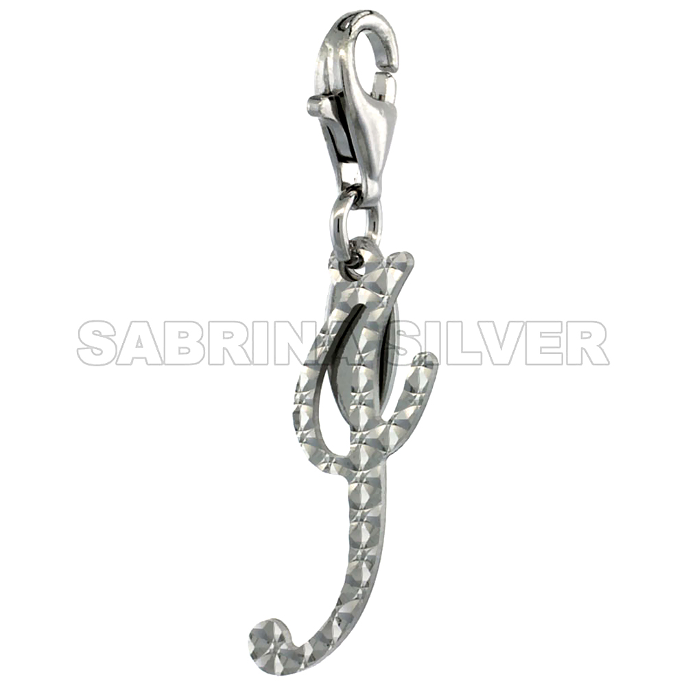 Sterling Silver Script Initial Charm I Alphabet Pendant Diamond Cut Lobster Claw Clasp, 3/4 inch