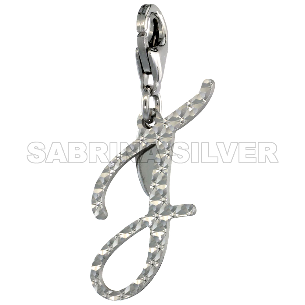 Sterling Silver Script Initial Charm J Alphabet Pendant Diamond Cut Lobster Claw Clasp, 3/4 inch