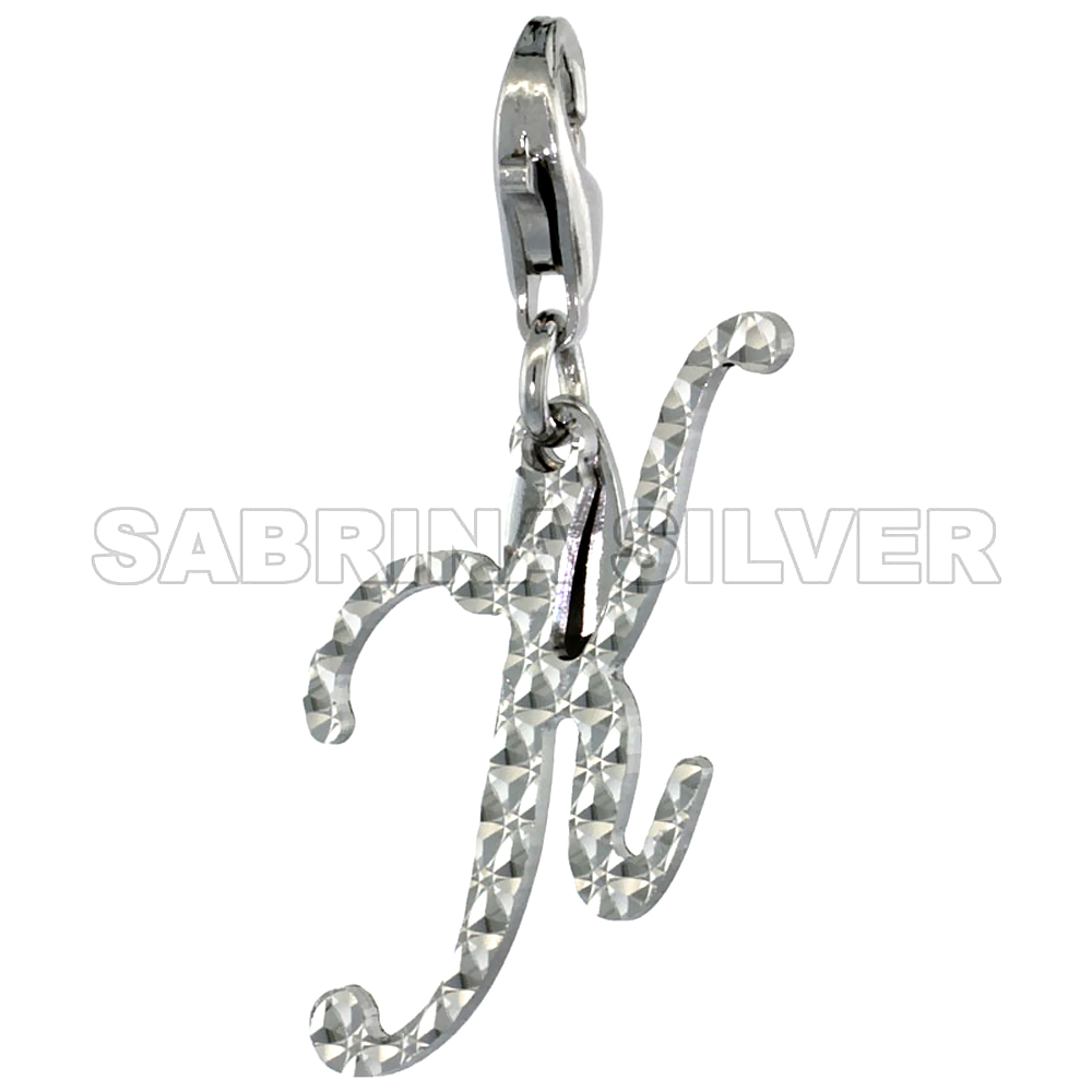 Sterling Silver Script Initial Charm K Alphabet Pendant Diamond Cut Lobster Claw Clasp, 3/4 inch