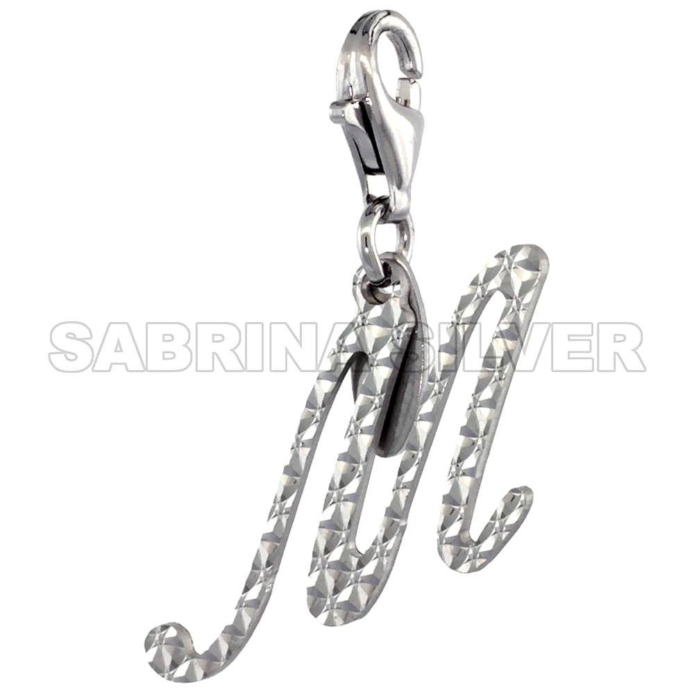Sterling Silver Script Initial Charm M Alphabet Pendant Diamond Cut Lobster Claw Clasp, 3/4 inch