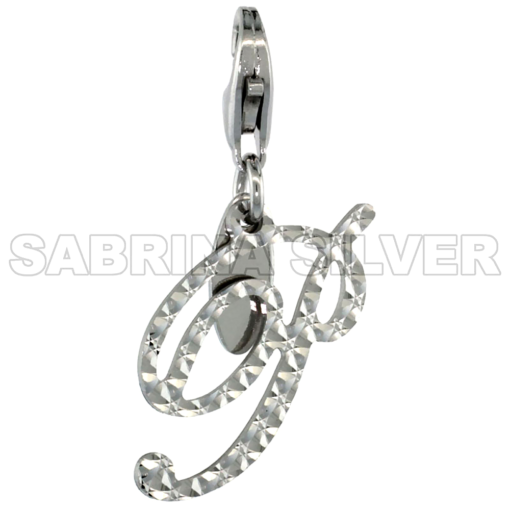 Sterling Silver Script Initial Charm P Alphabet Pendant Diamond Cut Lobster Claw Clasp, 3/4 inch