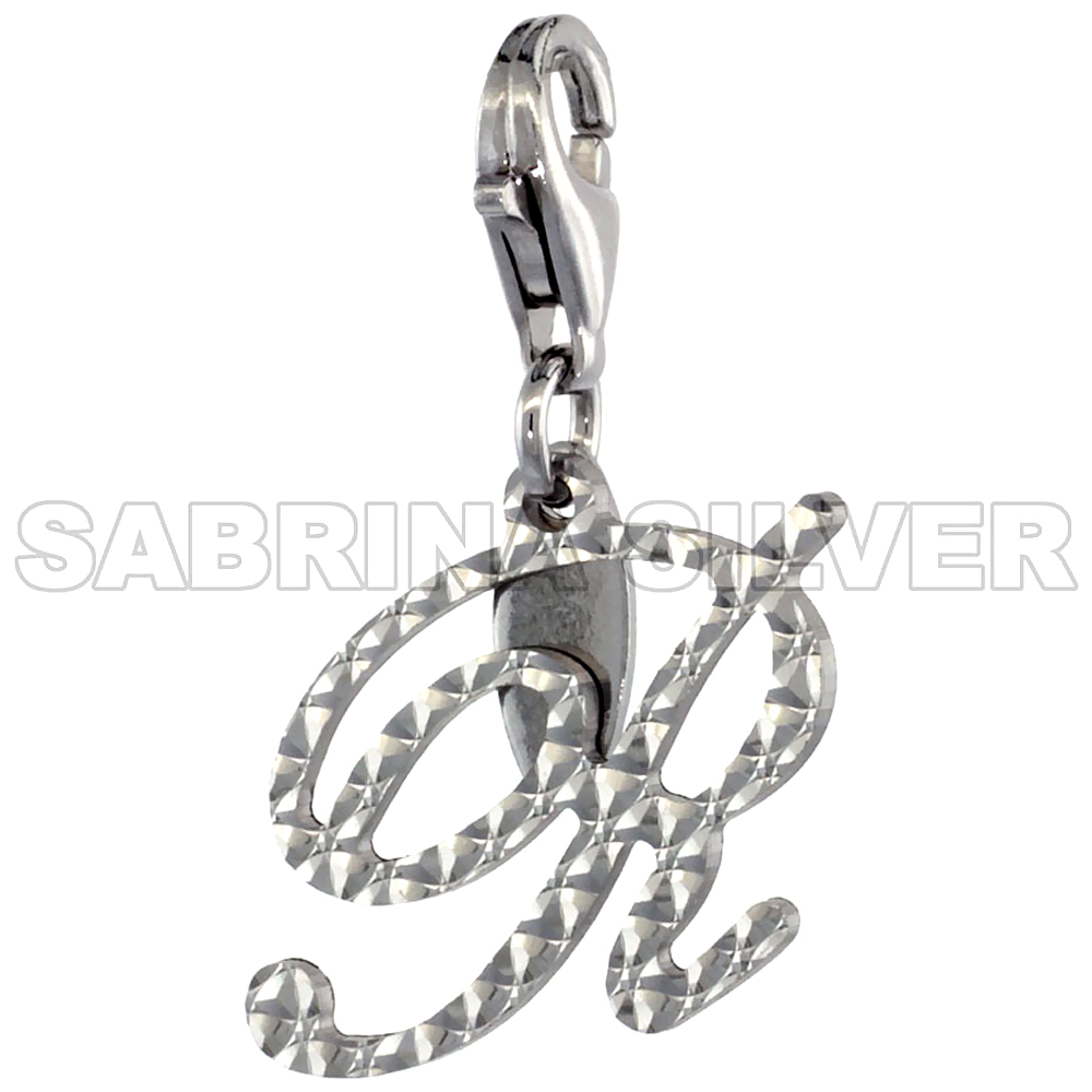 Sterling Silver Script Initial Charm R Alphabet Pendant Diamond Cut Lobster Claw Clasp, 3/4 inch