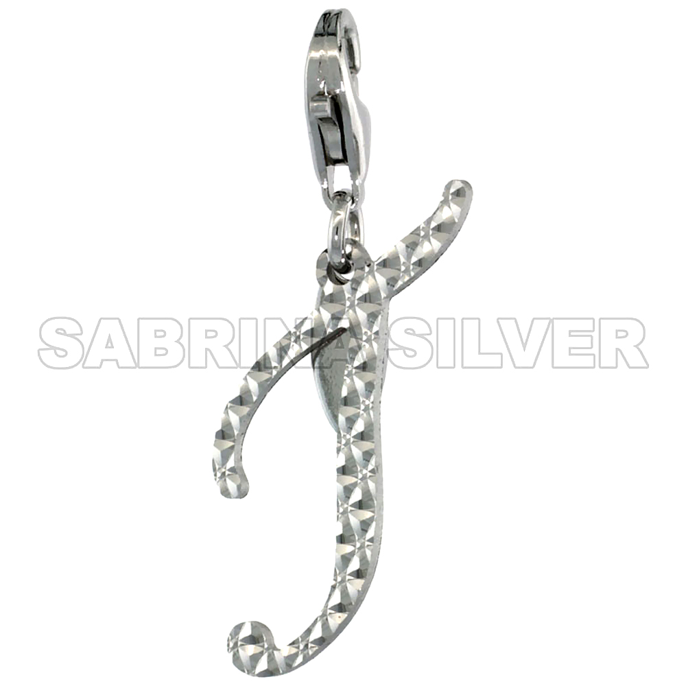 Sterling Silver Script Initial Charm T Alphabet Pendant Diamond Cut Lobster Claw Clasp, 3/4 inch