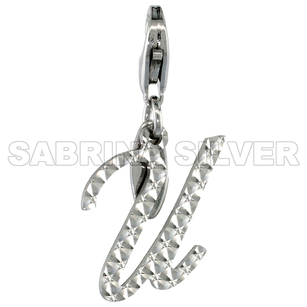 Sterling Silver Script Initial Charm U Alphabet Pendant Diamond Cut Lobster Claw Clasp, 3/4 inch