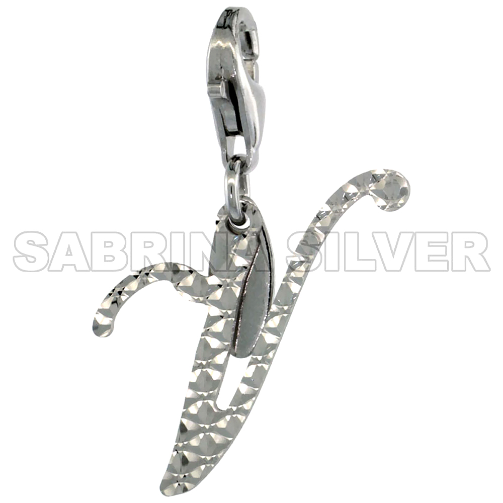 Sterling Silver Script Initial Charm V Alphabet Pendant Diamond Cut Lobster Claw Clasp, 3/4 inch