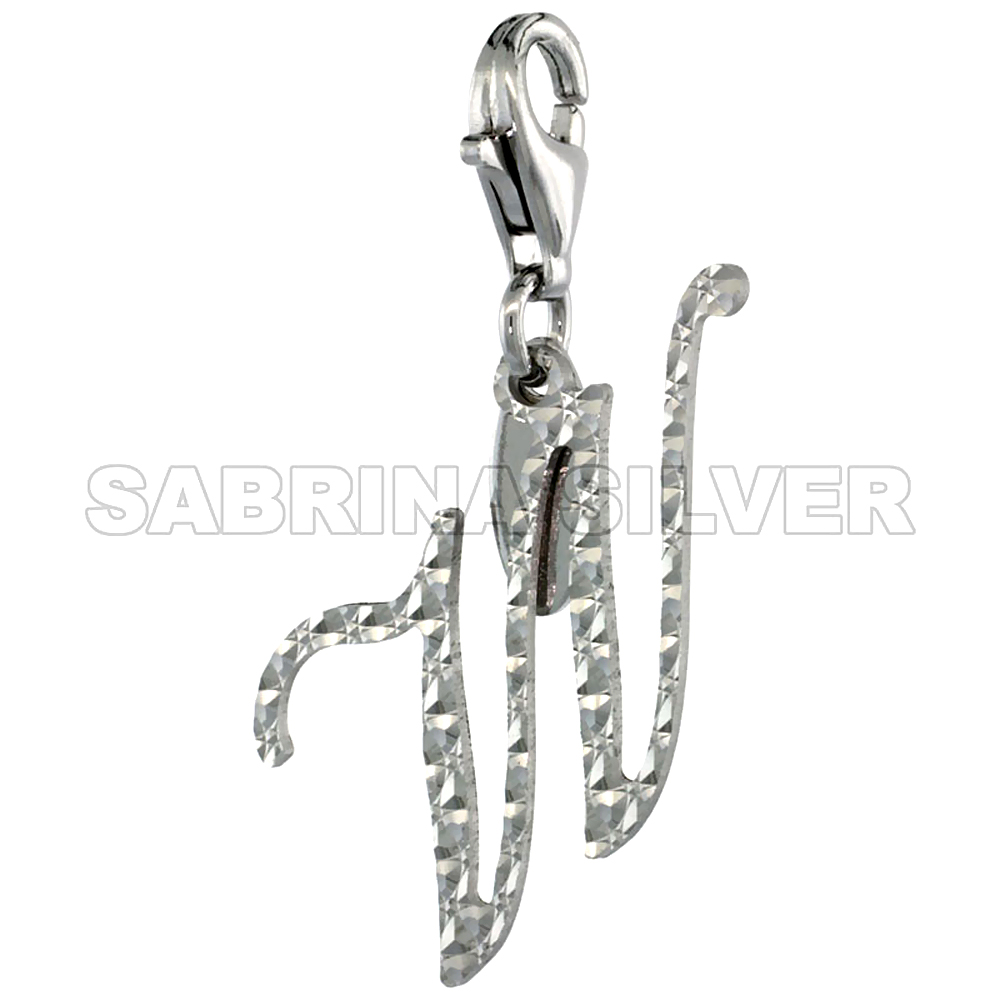 Sterling Silver Script Initial Charm W Alphabet Pendant Diamond Cut Lobster Claw Clasp, 3/4 inch