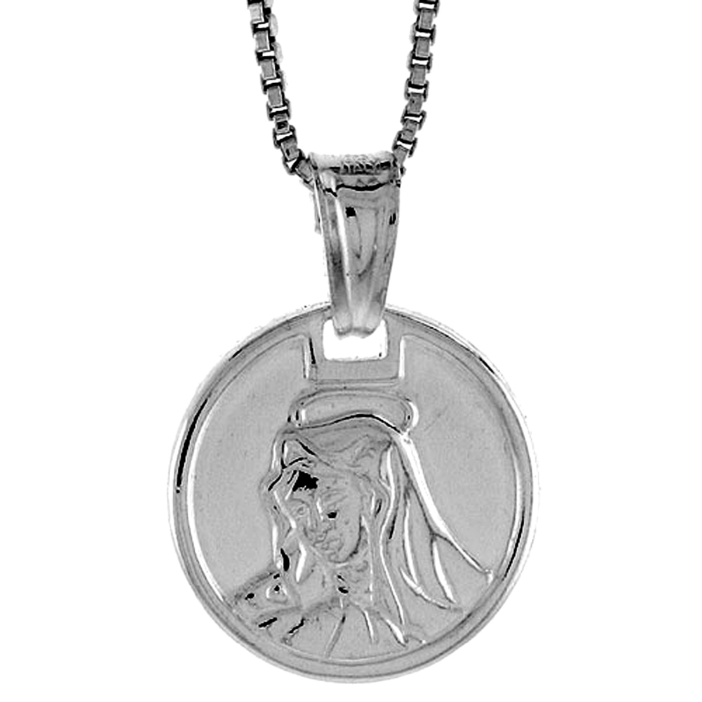 Sterling Silver Mother Mary Medal Hollow Italy 9/16 inch (15 mm) in Diameter.