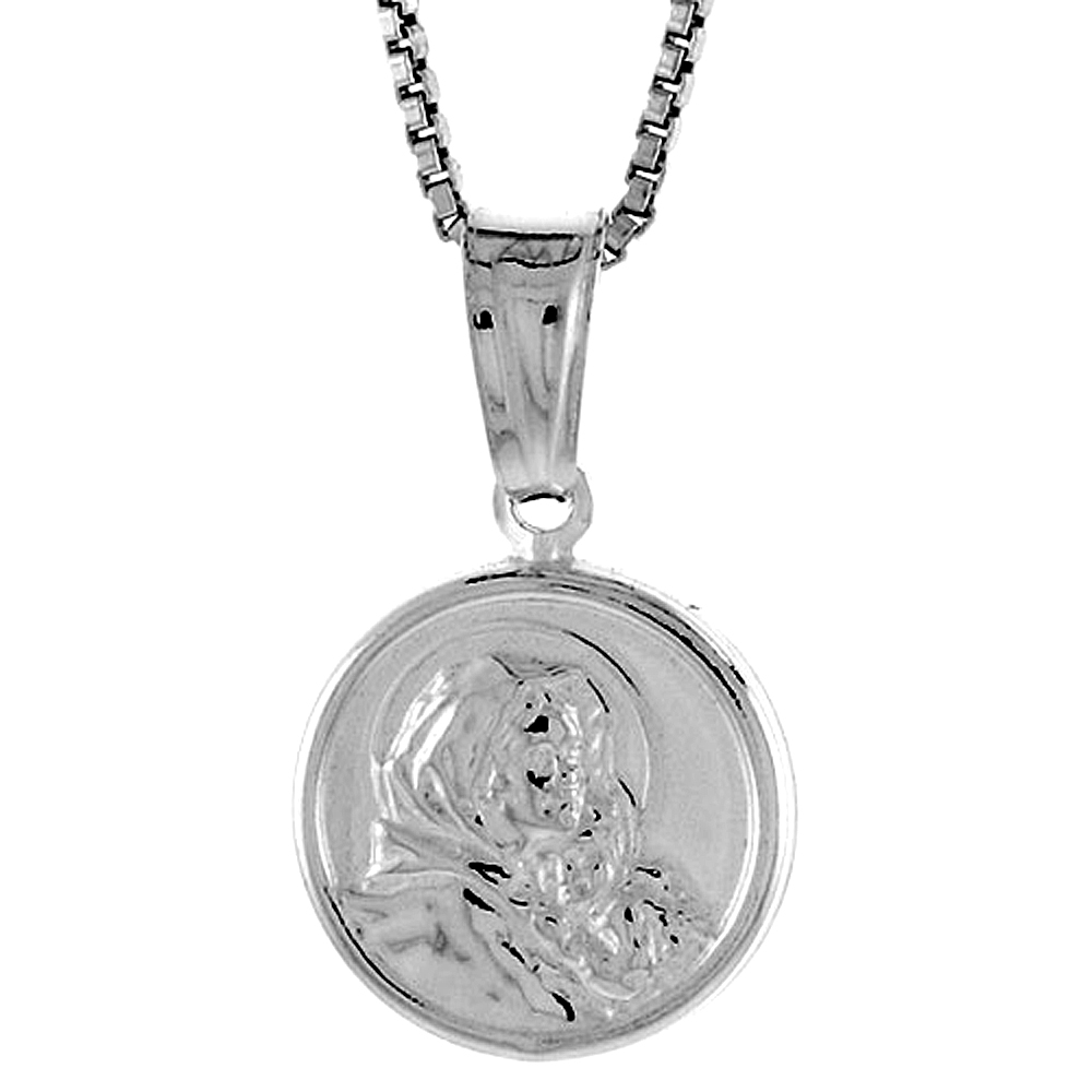 Sterling Silver Madonna &amp; Child Medal Hollow Italy 1/2 inch (12 mm) in Diameter.