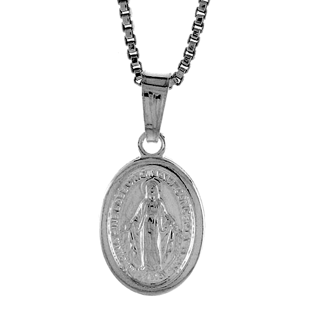 Sterling Silver Miraculous Medal Necklace Oval Virgin Mary Hollow Italy 1/2 inch