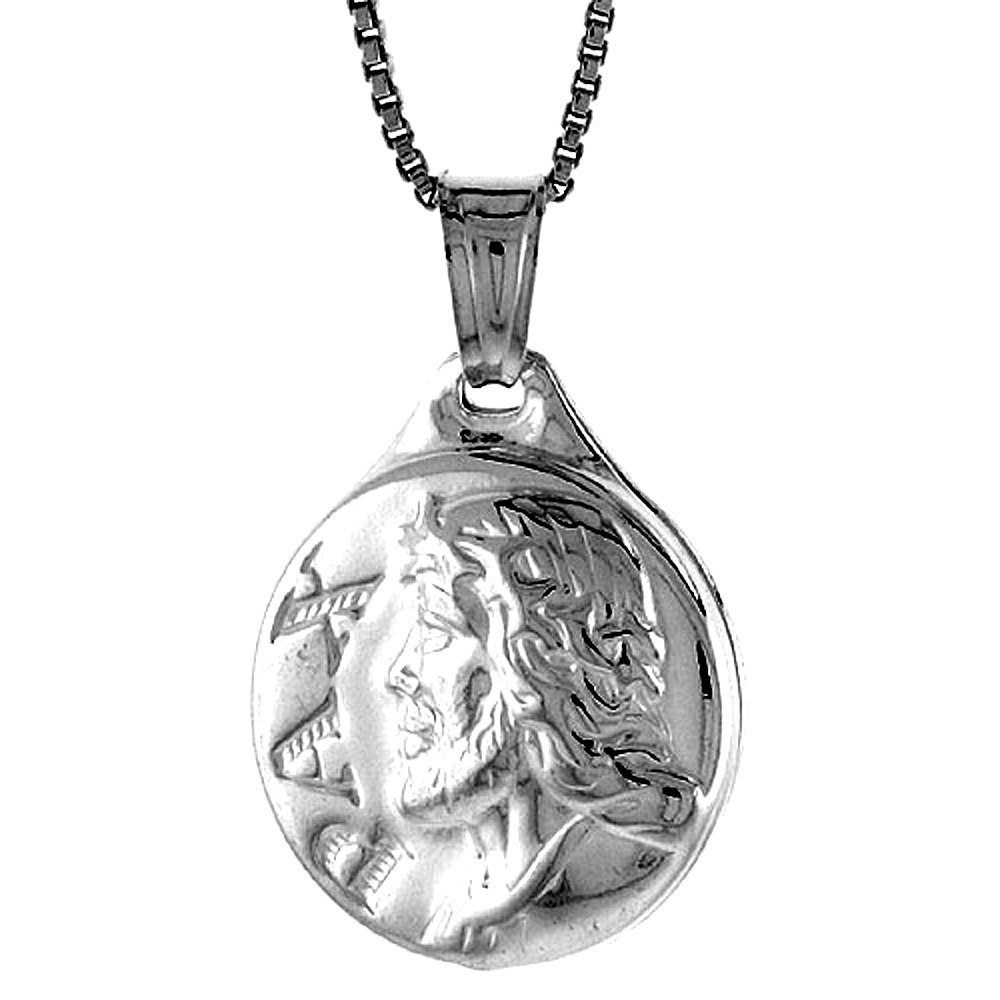 Sterling Silver Jesus Medal Hollow Italy 13/16 inch (20 mm) in Diameter.