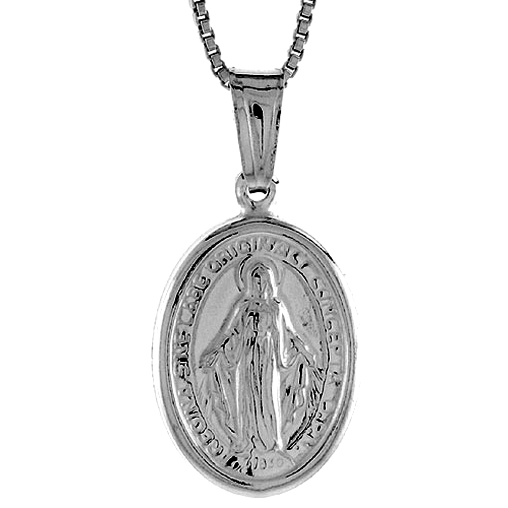 Sterling Silver Miraculous Medal Necklace Oval Virgin Mary Hollow Italy 11/16 inch