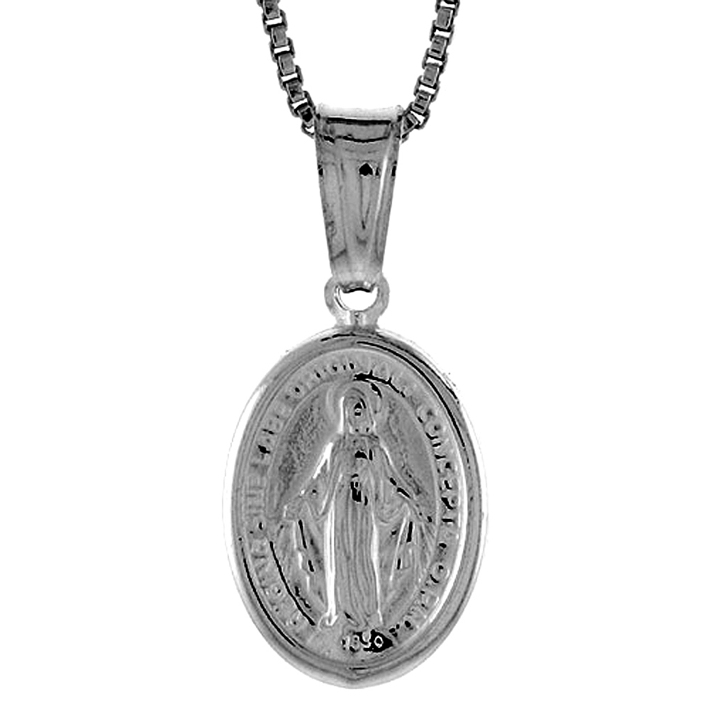 Sterling Silver Miraculous Medal Necklace Oval Virgin Mary Hollow Italy 9/16 inch