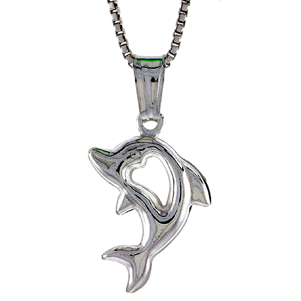 Sterling Silver Dolphin Pendant with Cut Out Heart Hollow Italy 11/16 inch (17 mm) Tall 