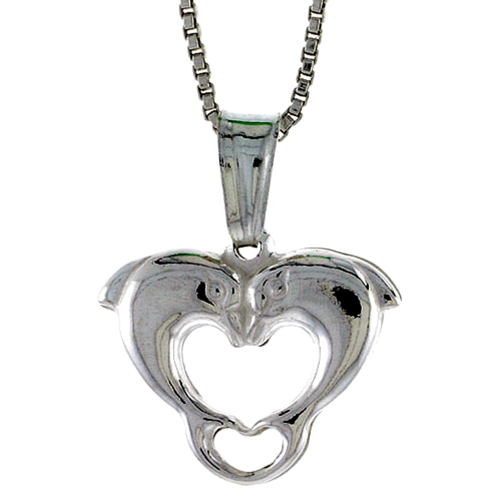Sterling Silver Kissing Dolphin Heart Pendant Hollow Italy 9/16 inch (14 mm) Tall 