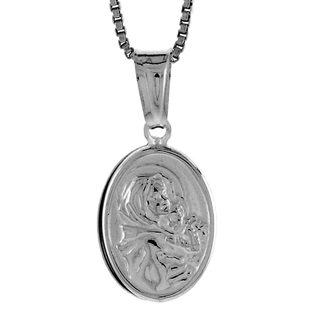 Sterling Silver Madonna &amp; Child Medal Hollow Italy 9/16 inch (14 mm) Tall 