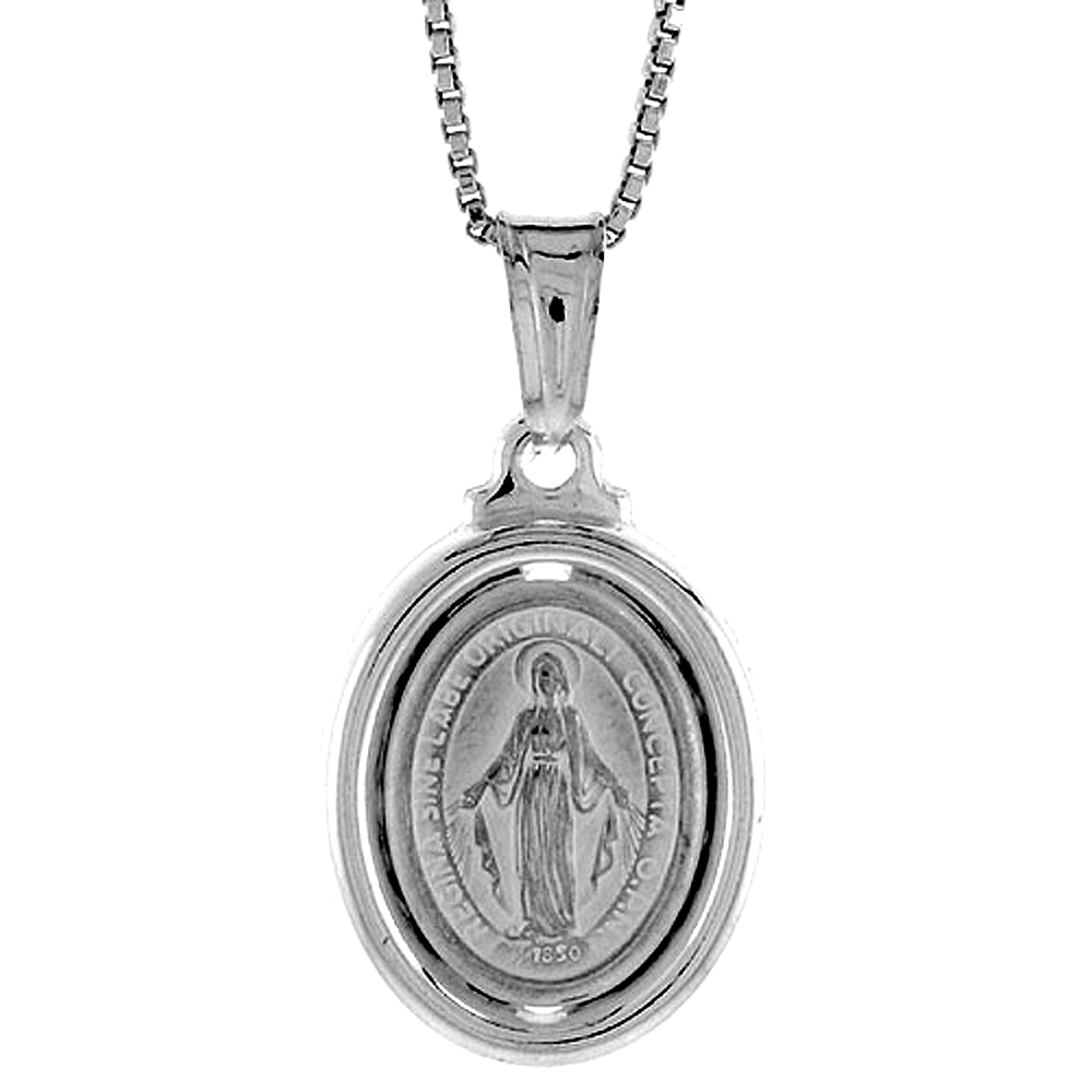Sterling Silver Miraculous Medal Necklace Oval Virgin Mary Hollow Italy 3/4 inch