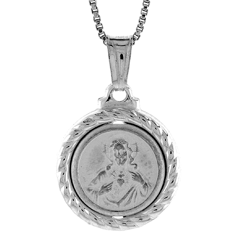 Sterling Silver Sacred Heart of Jesus Medal Hollow Italy 5/8 inch (17 mm) in Diameter.