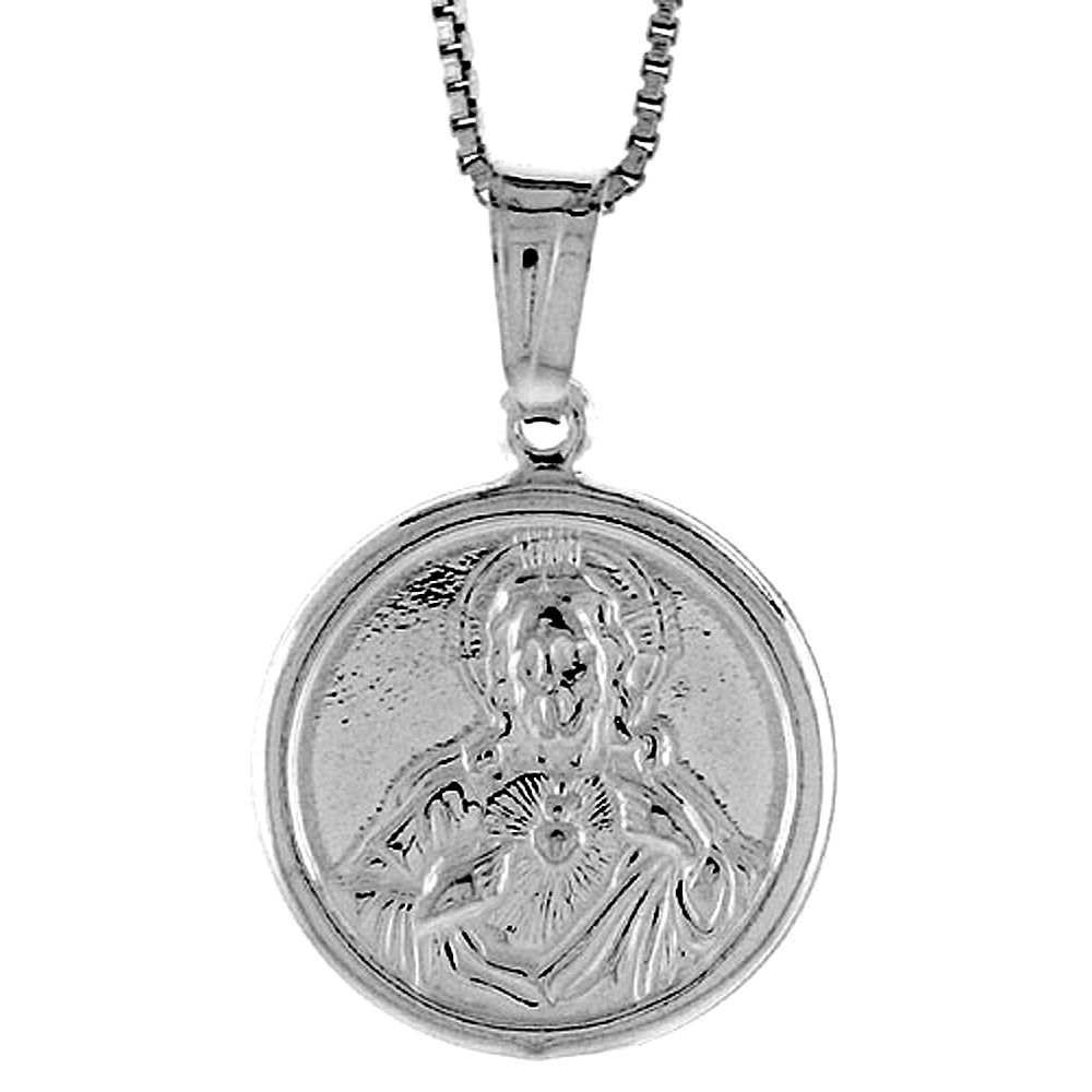 Sterling Silver Sacred Heart of Jesus Medal Hollow Italy 11/16 inch (18 mm) in Diameter.