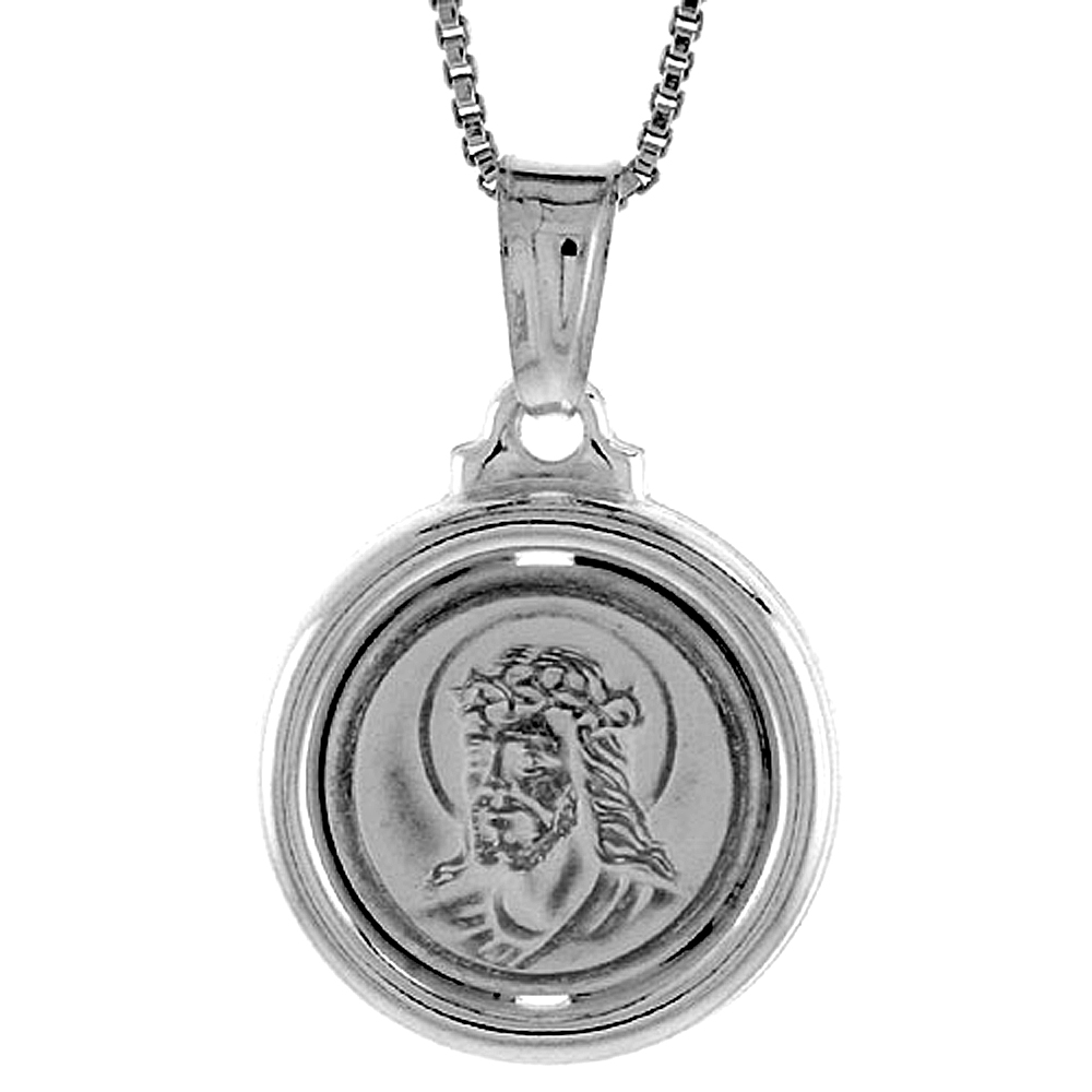 Sterling Silver Jesus with Thorns Medal Hollow Italy 5/8 inch (17 mm) in Diameter.