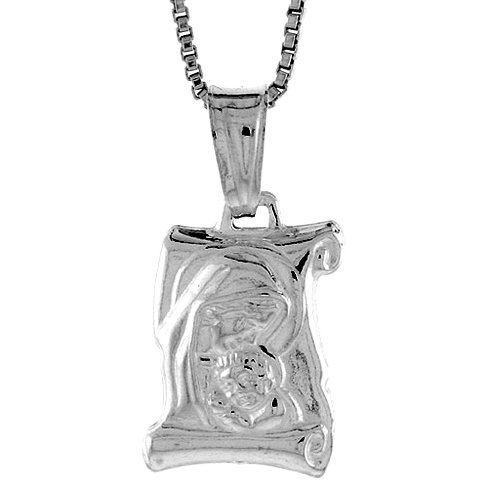 Sterling Silver Madonna &amp; Child Scroll Pendant Hollow Italy 9/16 inch (15 mm) Tall 