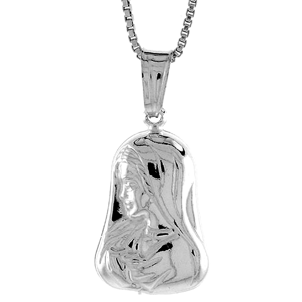 Sterling Silver Mother Mary Pendant Hollow Italy 3/4 inch (19 mm) Tall 