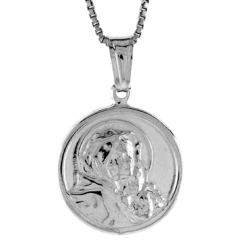 Sterling Silver Madonna &amp; Child Medal Hollow Italy 11/16 inch (18 mm) in Diameter.