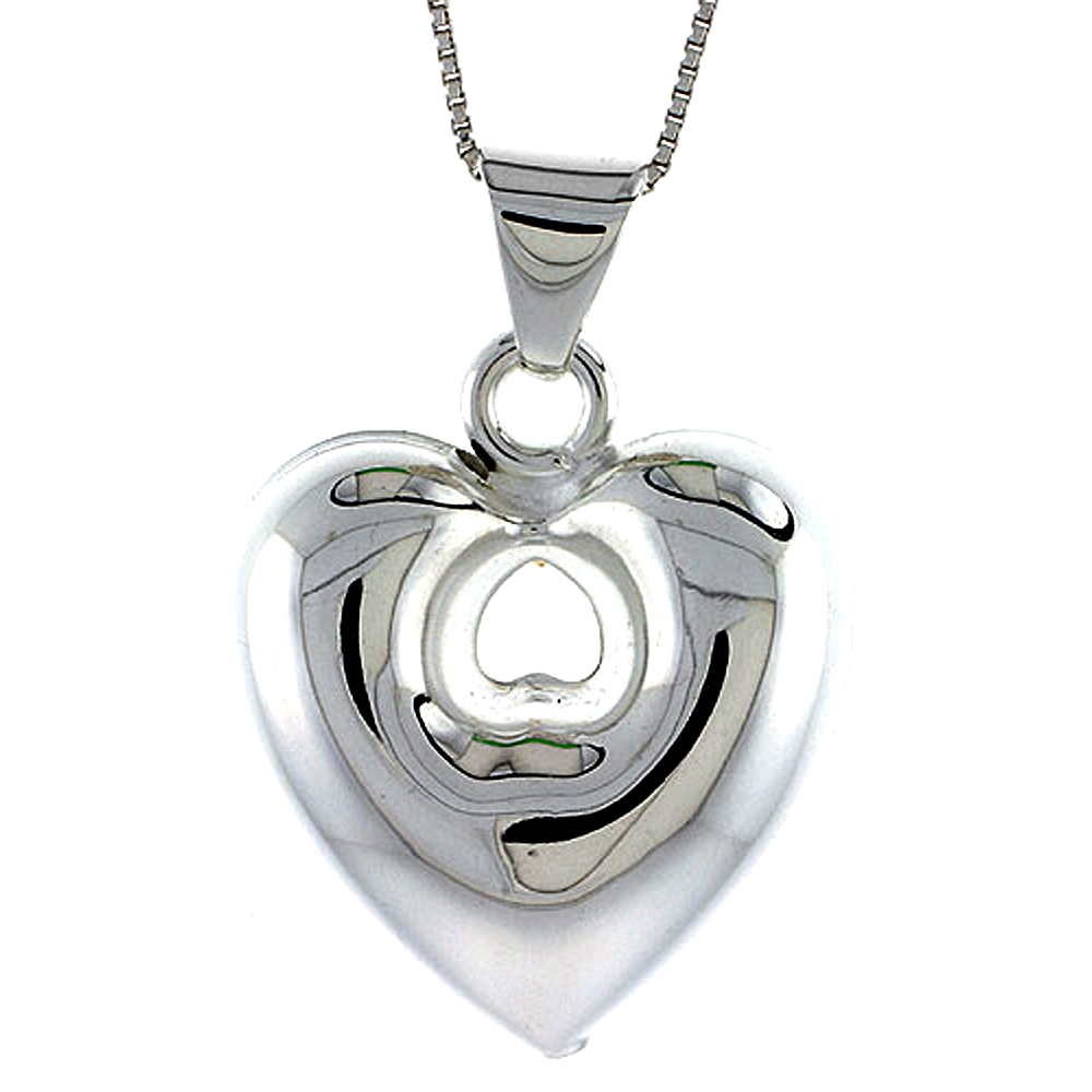 Sterling Silver Large Puffed Heart w/ Cut Out Pendant Hollow Italy 1 1/16 inch (28 mm) Tall 