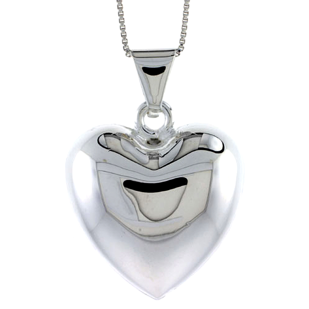 Sterling Silver Puffed Heart Pendant, Made in Italy. 1 1/8 in. (29 mm) Tall 
