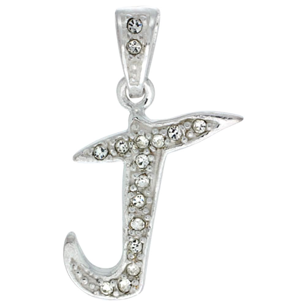 Sterling Silver Fancy Block Initial Letter J Pendant with Crystals, 3/4 inch