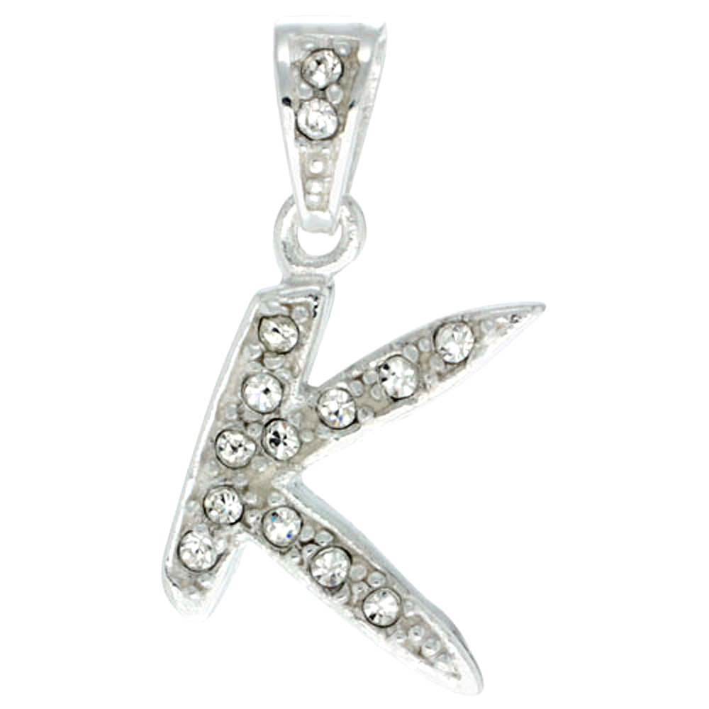 Sterling Silver Fancy Block Initial Letter K Pendant with Crystals, 3/4 inch