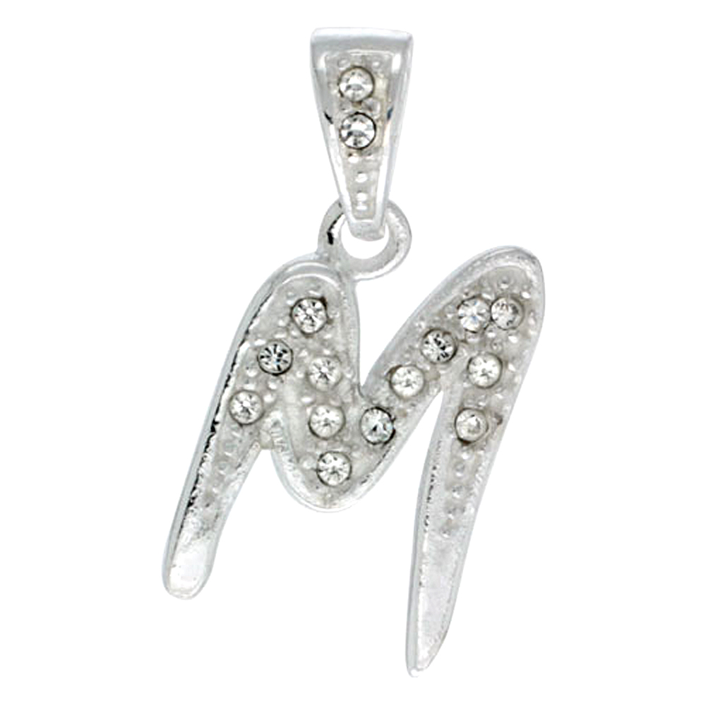 Sterling Silver Fancy Block Initial Letter M Pendant with Crystals, 3/4 inch