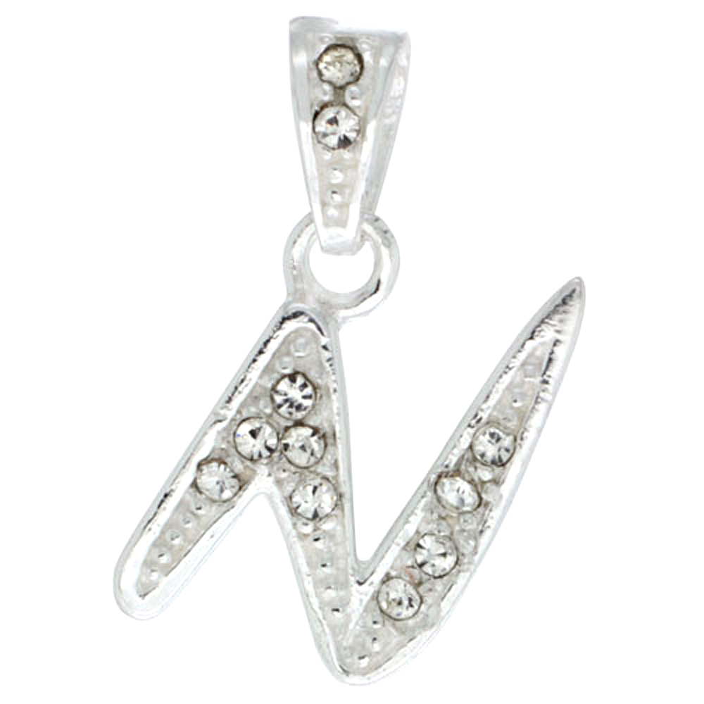 Sterling Silver Fancy Block Initial Letter N Pendant with Crystals, 3/4 inch