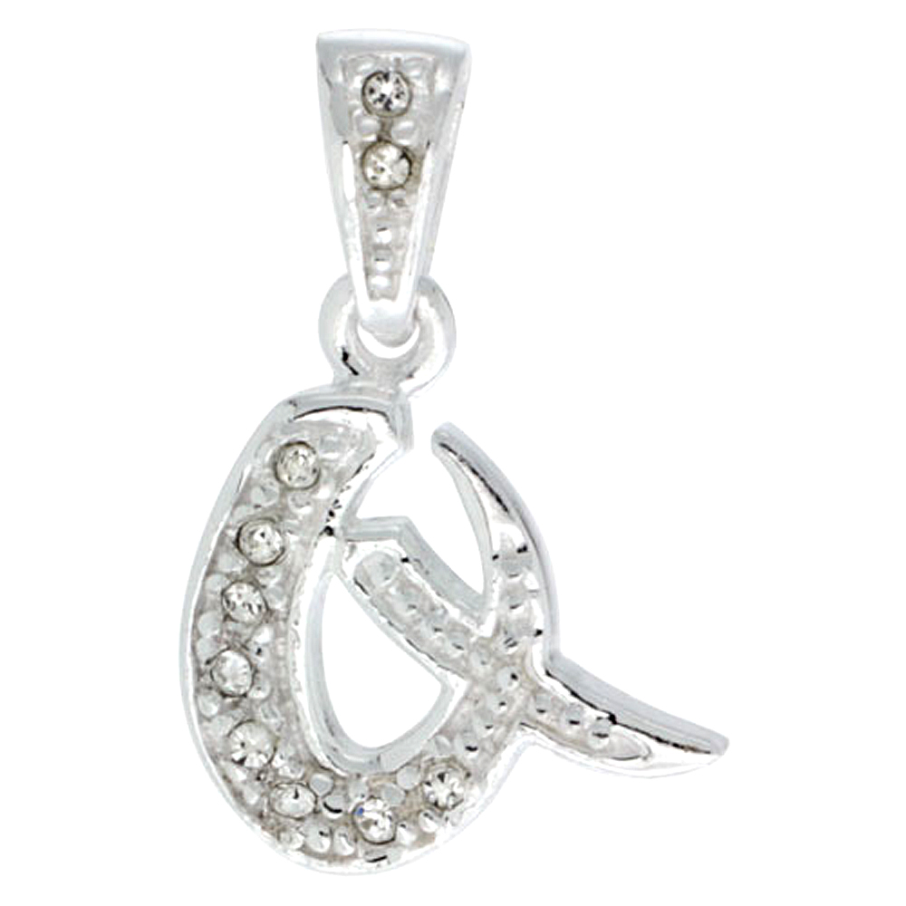 Sterling Silver Fancy Block Initial Letter Q Pendant with Crystals, 3/4 inch