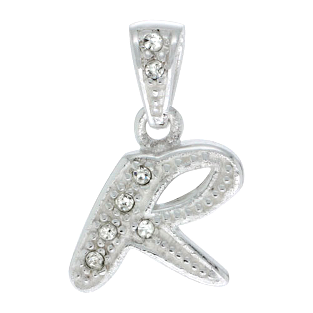 Sterling Silver Fancy Block Initial Letter R Pendant with Crystals, 3/4 inch