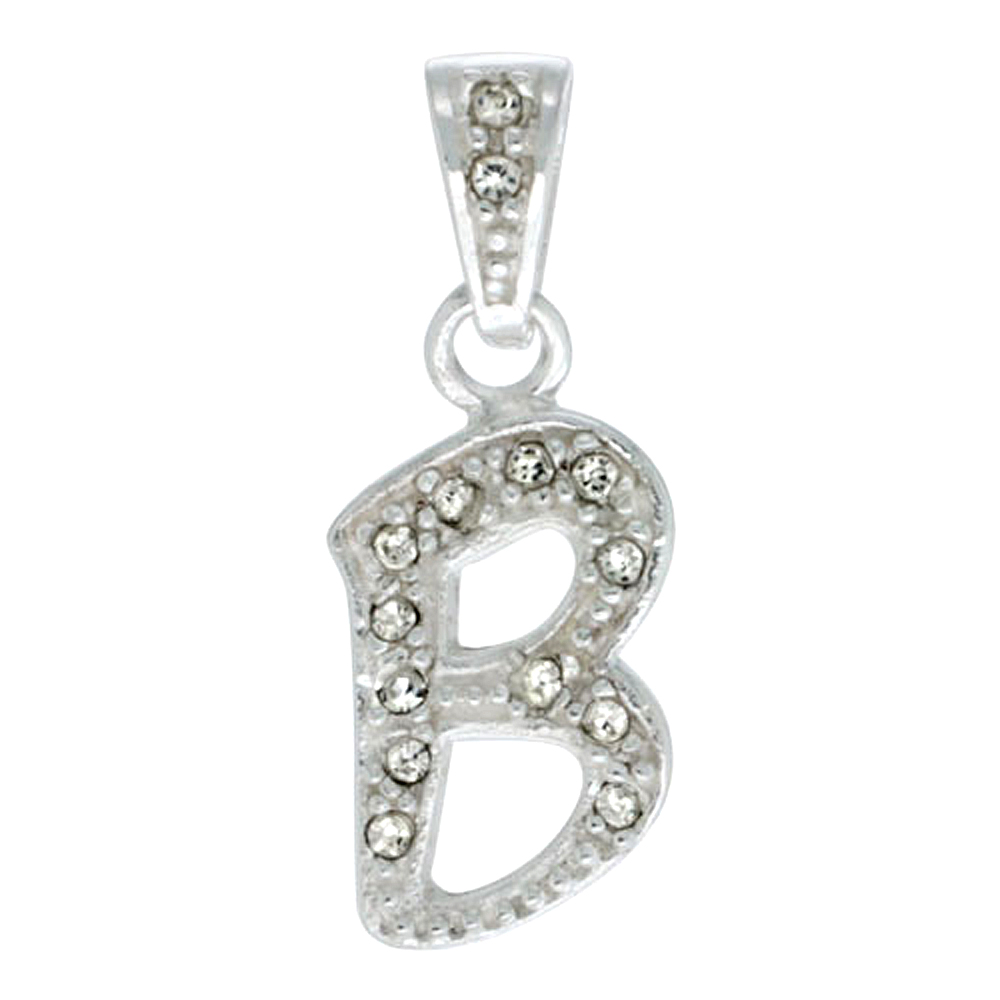 Sterling Silver Fancy Block Initial Letter B Pendant with Crystals, 3/4 inch